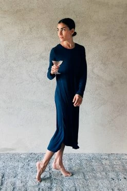 LAKE Bamboo Long Sleeve Lounge Dress In Navy