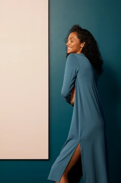 LAKE Bamboo Long Sleeve Lounge Dress In Deep Sea