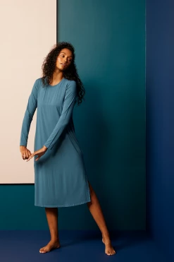 LAKE Bamboo Long Sleeve Lounge Dress In Deep Sea