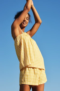 LAKE Pima Ruffle Shorts Set In Daisy Gingham Women