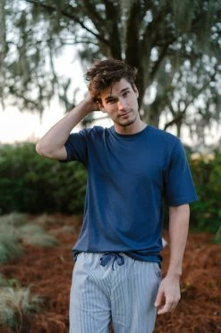 LAKE Men's Poplin Pajama Pants In Navy Stripe