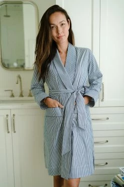 LAKE Women Poplin Robe In Navy Stripe