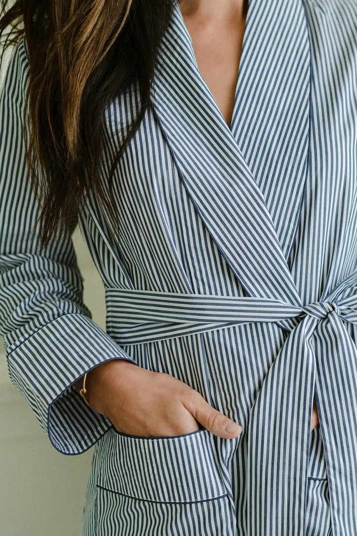 LAKE Women Poplin Robe In Navy Stripe