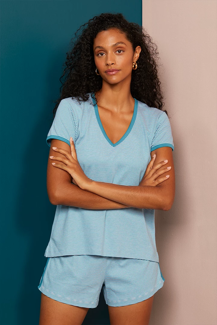 LAKE Pima Retro V-Neck Shorts Set In Celestial