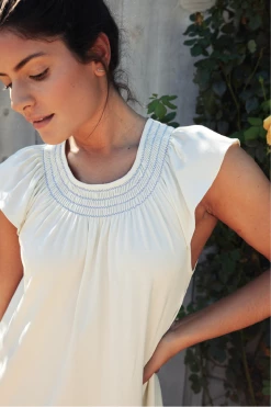 LAKE Sleep Pima Smocked Flutter Midi Nightgown In Lichen