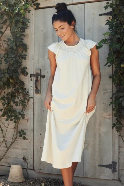 LAKE Sleep Pima Smocked Flutter Midi Nightgown In Lichen