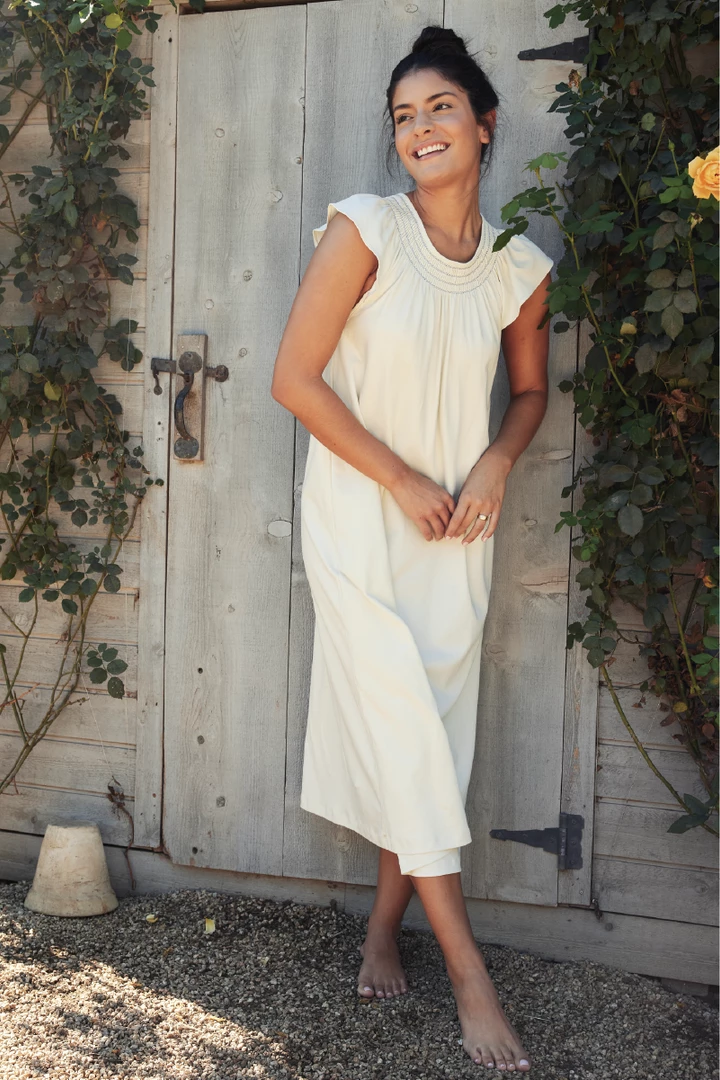 LAKE Sleep Pima Smocked Flutter Midi Nightgown In Lichen