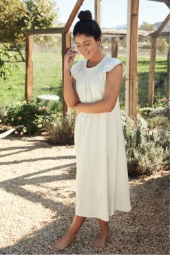 LAKE Sleep Pima Smocked Flutter Midi Nightgown In Lichen