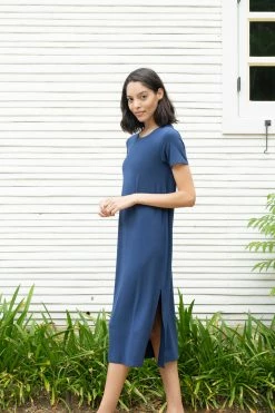 LAKE Women Bamboo Short Sleeve Lounge Dress In Navy