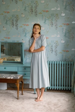 LAKE Pima Smocked Short Sleeve Midi Nightgown In Begonia Women