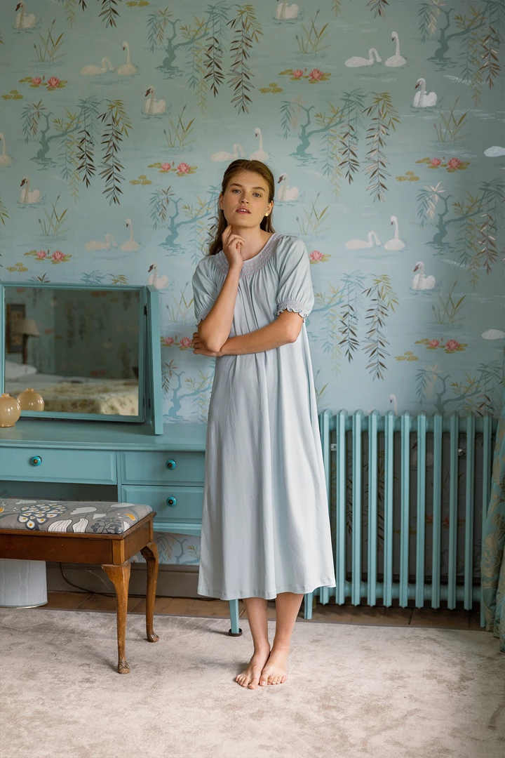 LAKE Pima Smocked Short Sleeve Midi Nightgown In Begonia Women