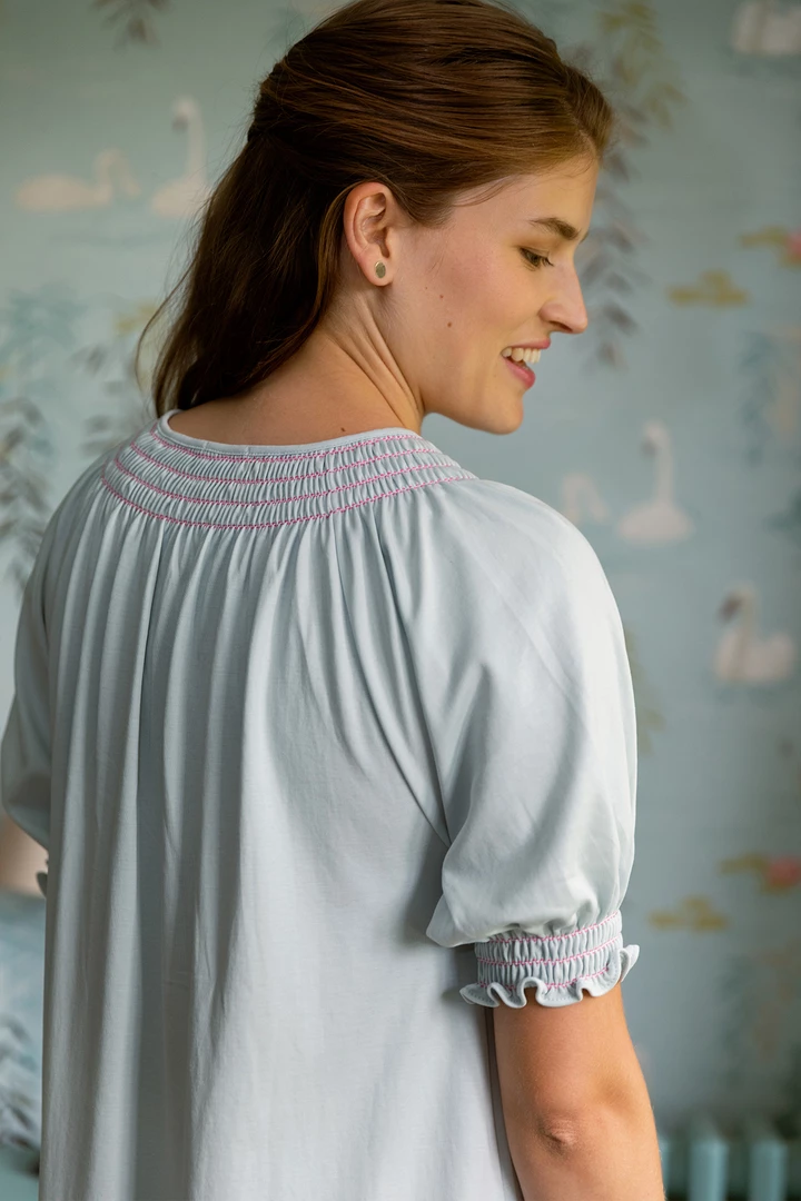 LAKE Pima Smocked Short Sleeve Midi Nightgown In Begonia Women