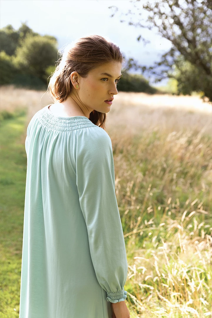 LAKE Pima Smocked Long Sleeve Midi Nightgown In Willow Women