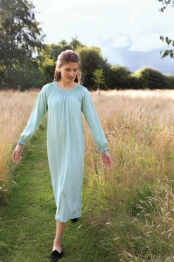 LAKE Pima Smocked Long Sleeve Midi Nightgown In Willow Women