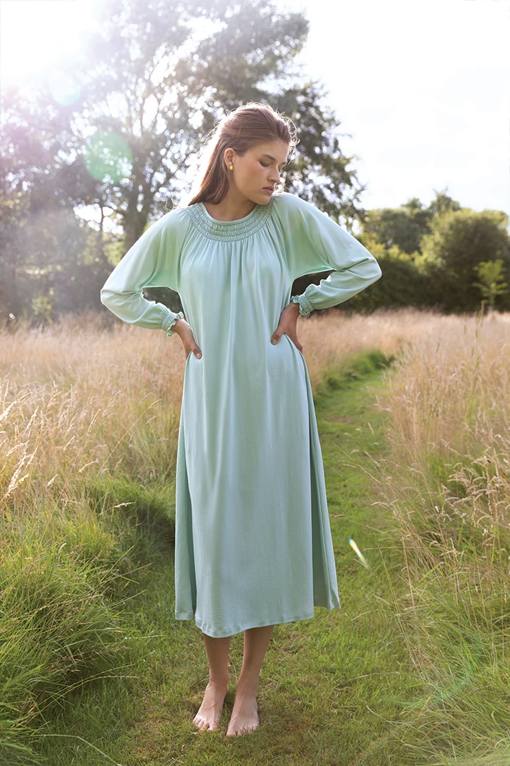 LAKE Pima Smocked Long Sleeve Midi Nightgown In Willow Women