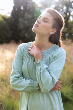 LAKE Pima Smocked Long Sleeve Midi Nightgown In Willow Women