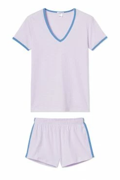 LAKE Sleep Pima Retro V-Neck Shorts Set In Lavender Fields